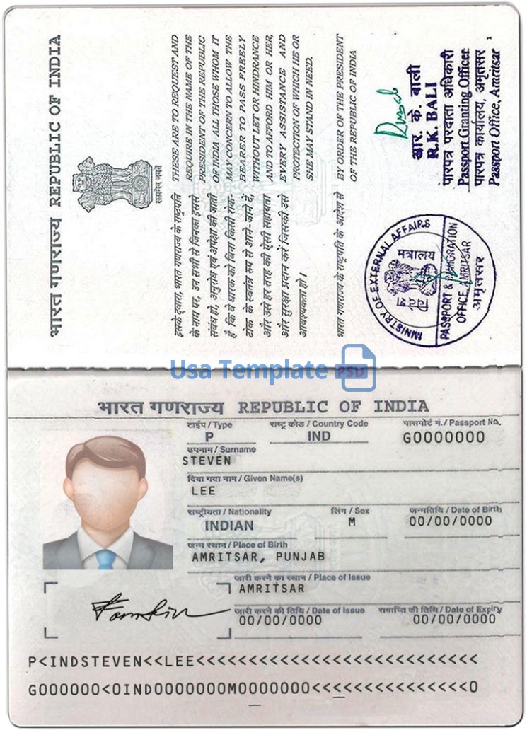 India passport template psd