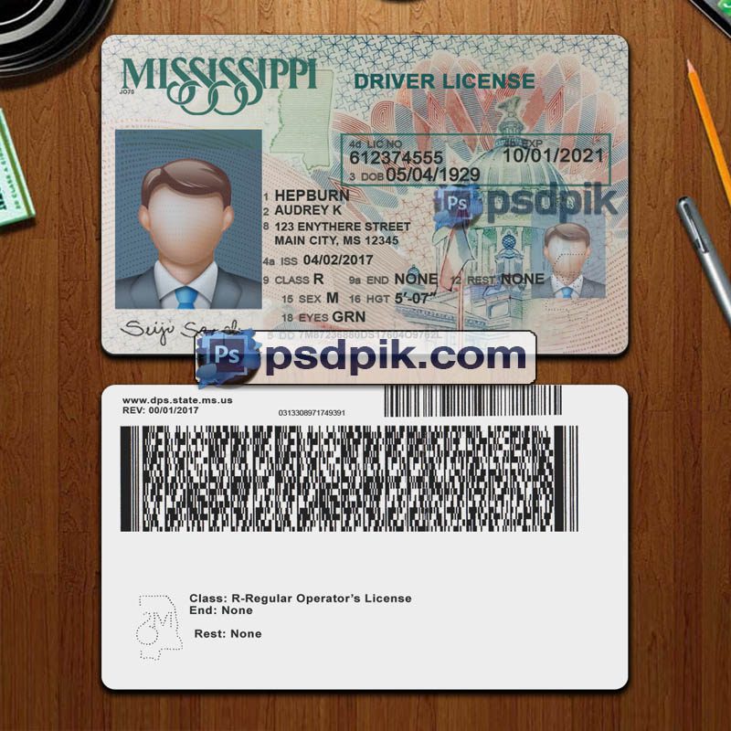 Mississippi driver license template psd pdf download