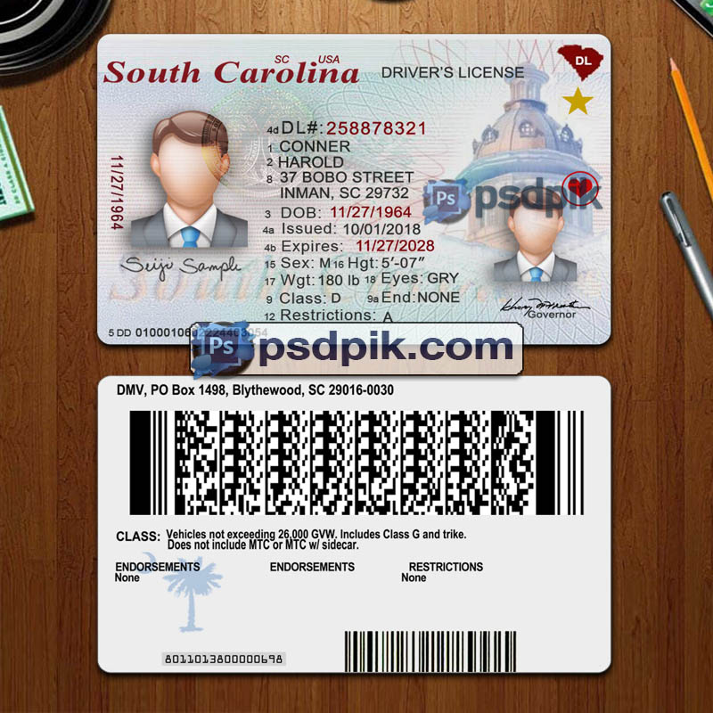 South Carolina driver license template psd pdf download