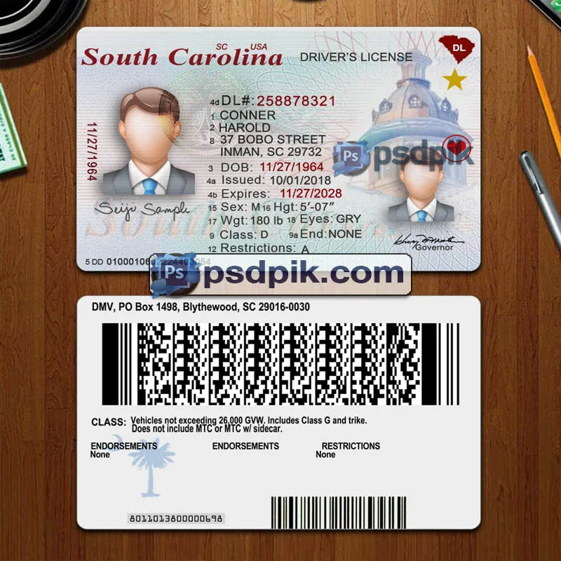 Editable blank South Carolina driver license template psd pdf download