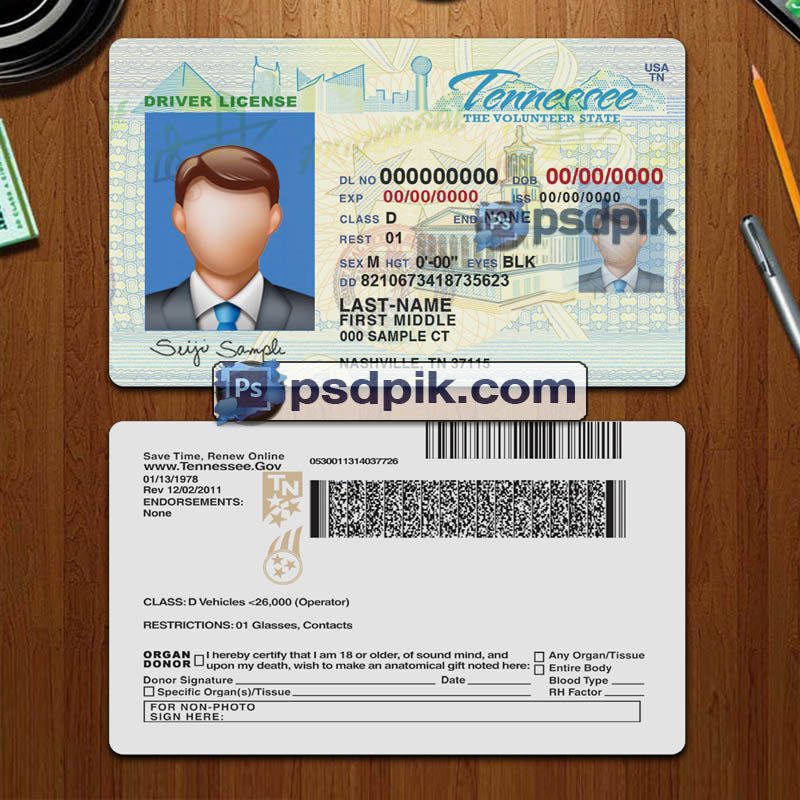 Tennessee driver license template psd pdf download