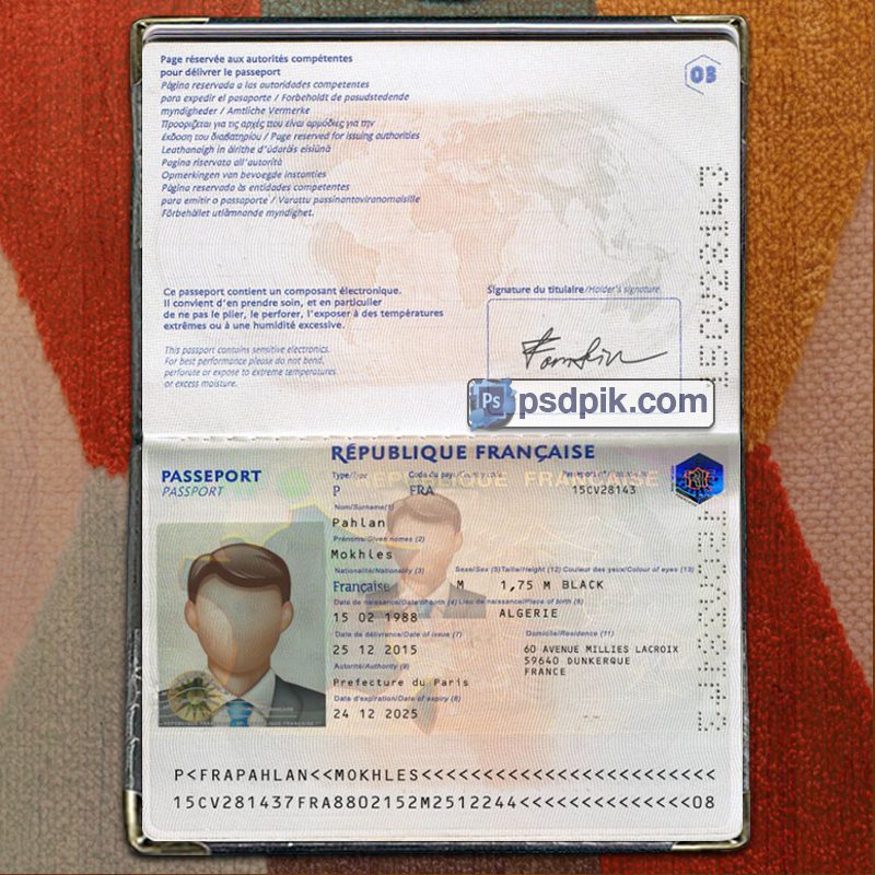 France Passport template psd pdf download