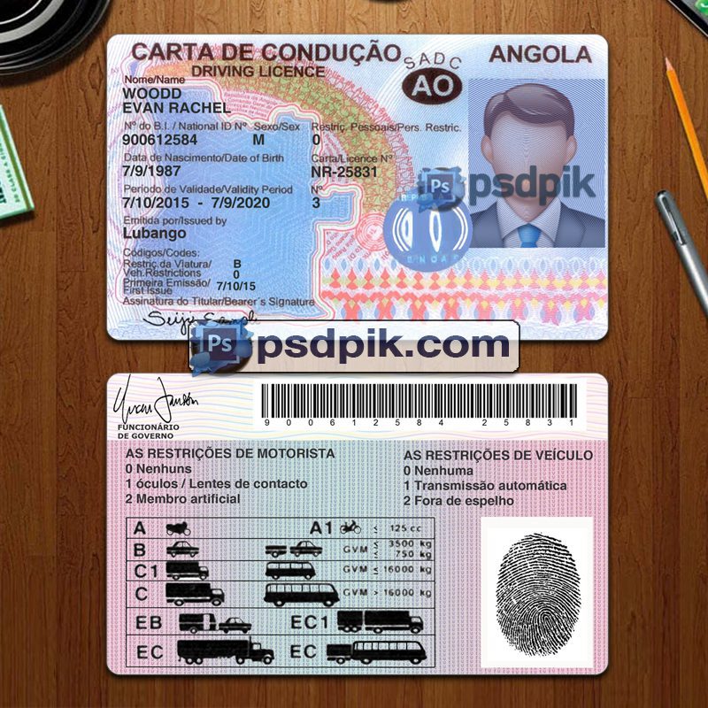 Angola driver license template psd pdf download