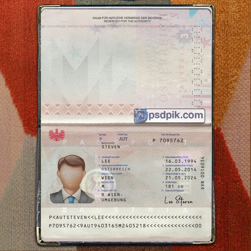 Austria Passport template psd pdf download