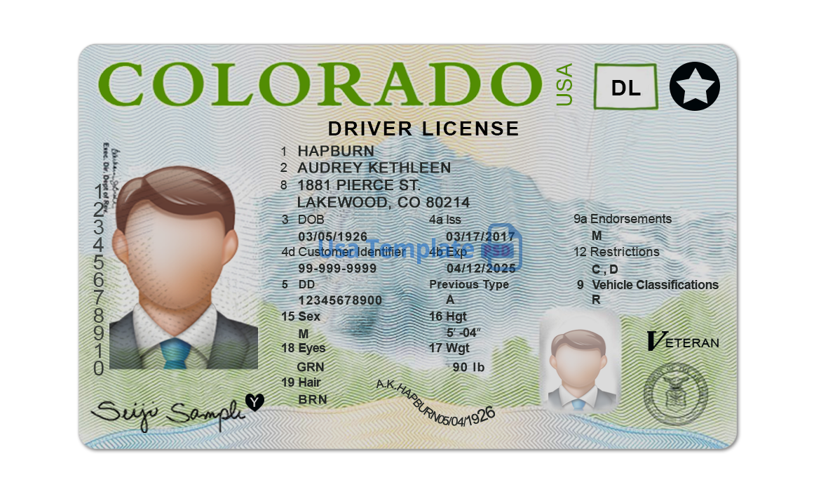 Editable blank Colorado driver license template psd pdf download