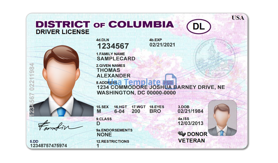 Editable blank District of Columbia driver license template psd pdf download