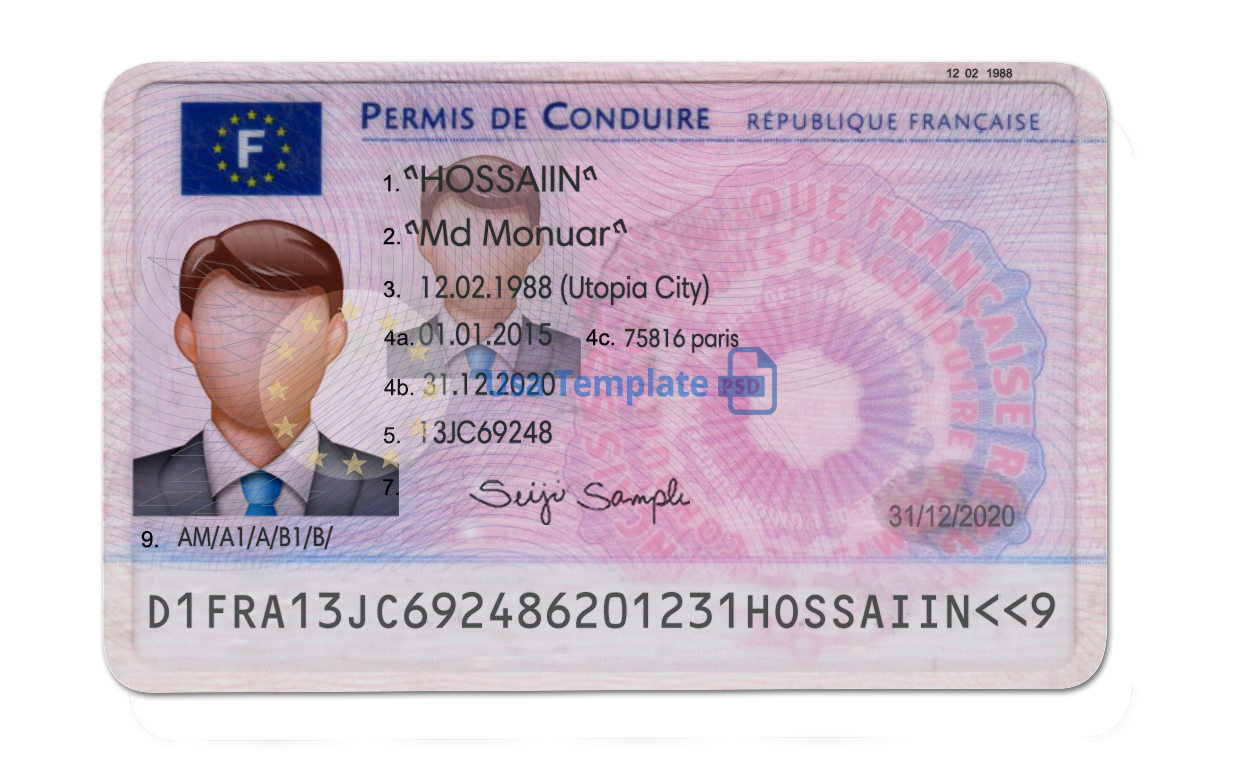 Editable blank France driver license template psd pdf download