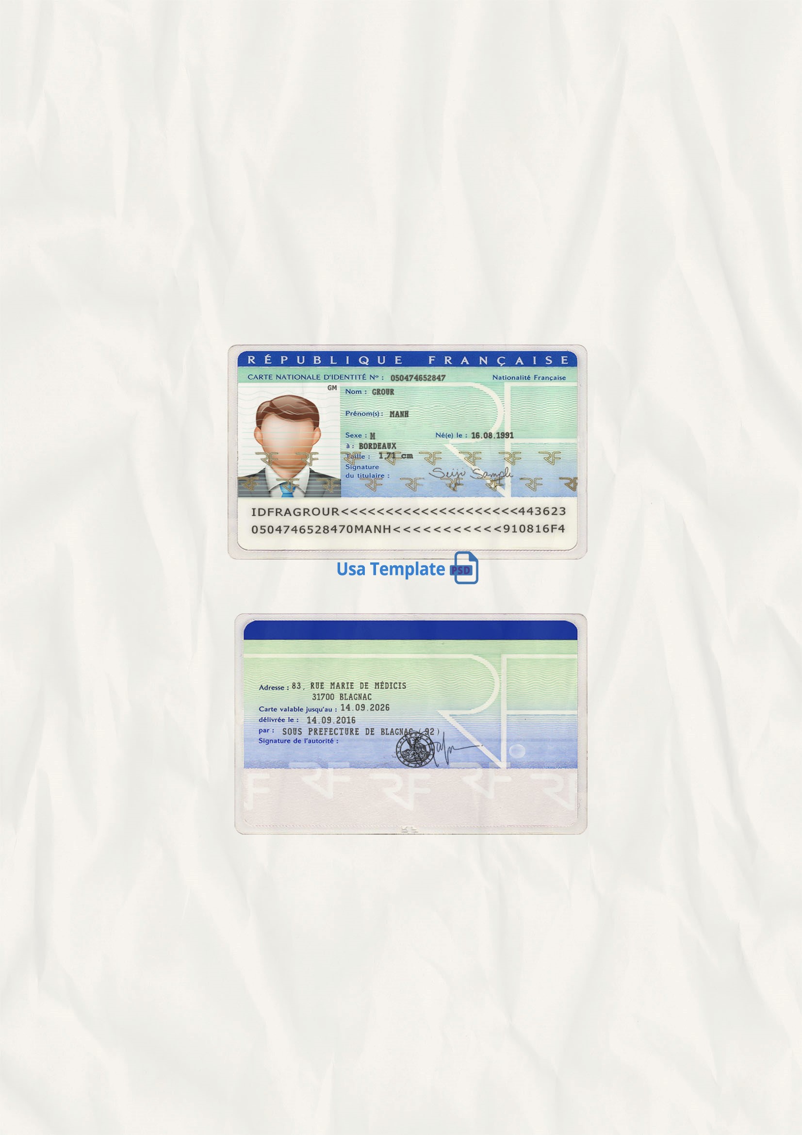 France ID Card template psd