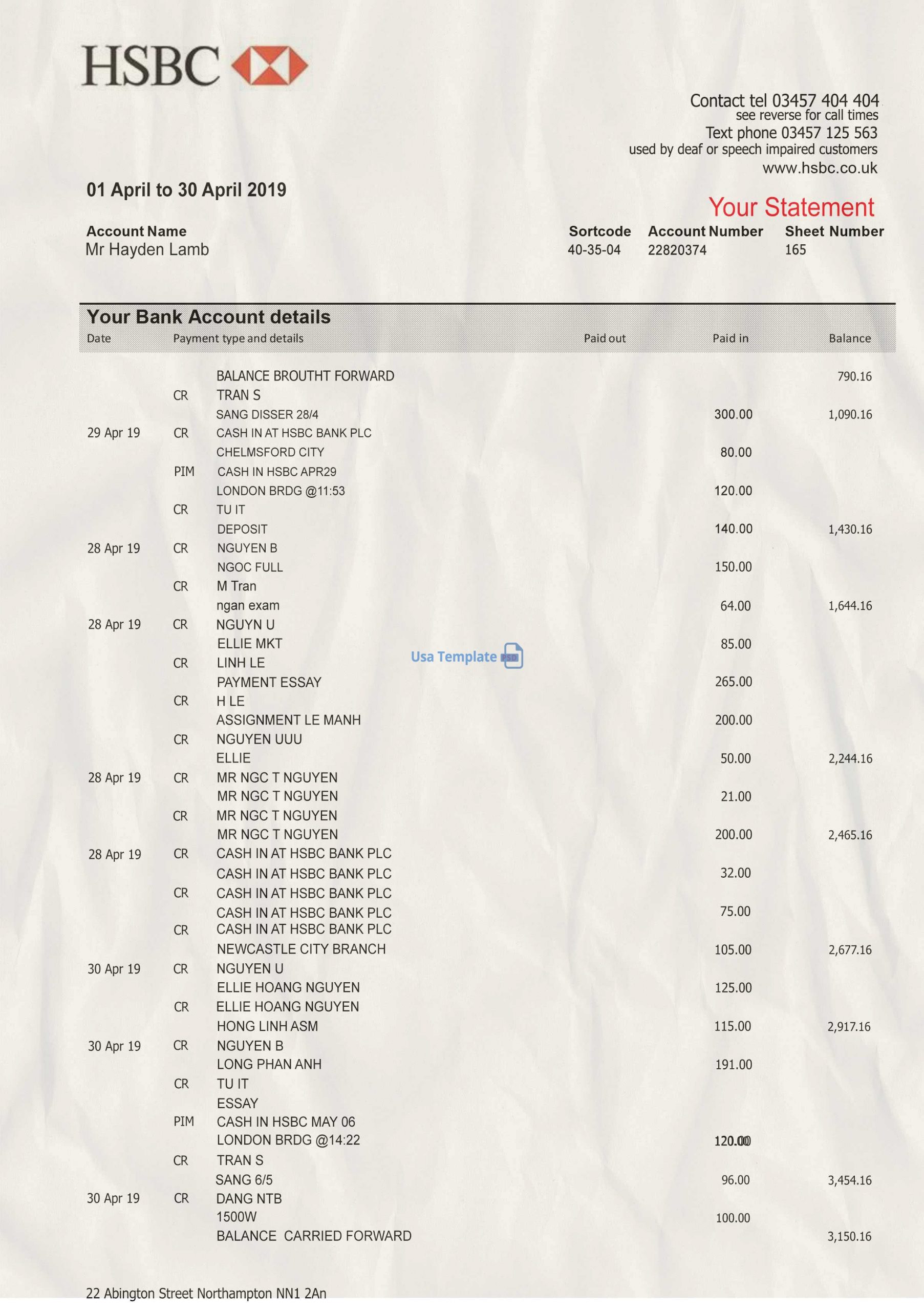 HSBC bank statement psd template