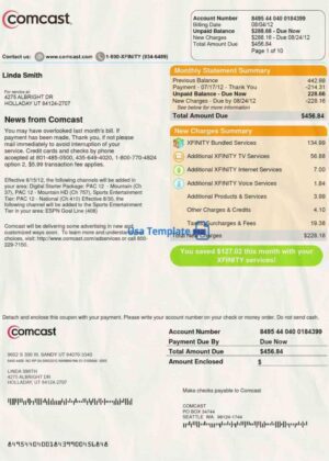 USA utility bill Template, USA proof of address Template: Comcast bill psd template