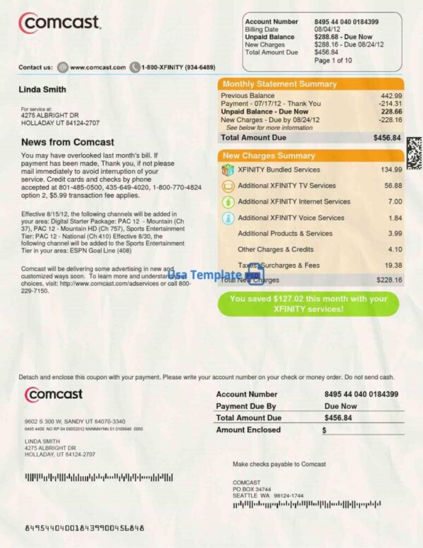 USA utility bill Template, USA proof of address Template: Comcast bill psd template