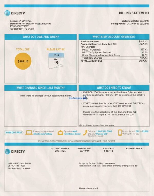 USA utility bill Template psd, USA proof of address template psd: Directv utility bill psd Template