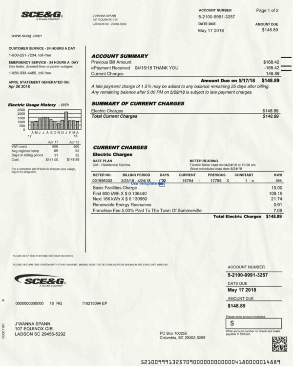 USA utility bill psd Template, USA proof of address psd template: SCE&G utility bill psd Template