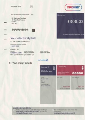 Uk Utility Bill,Uk proof of address: npower bill psd template