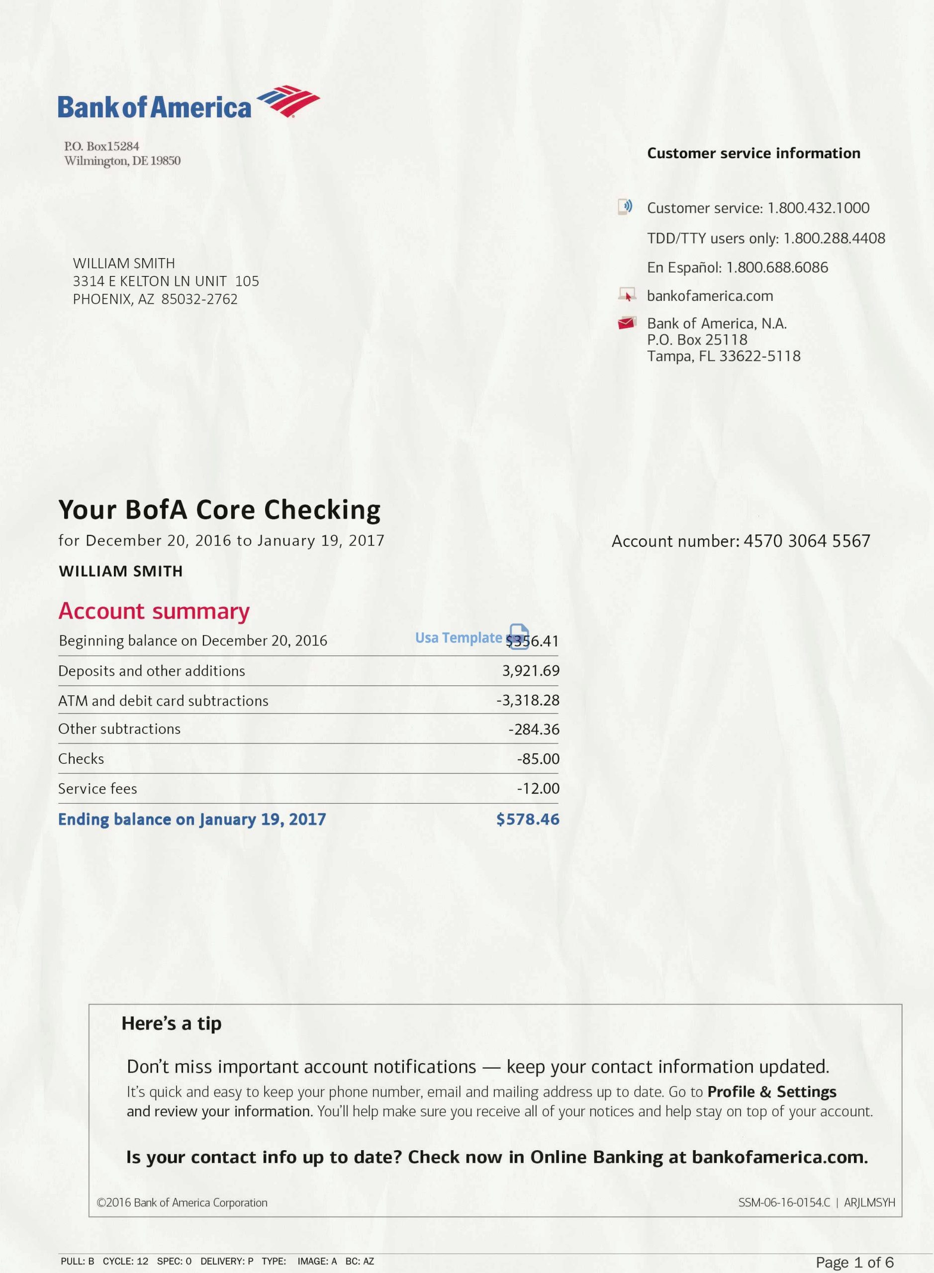 Bank of America Statement template psd