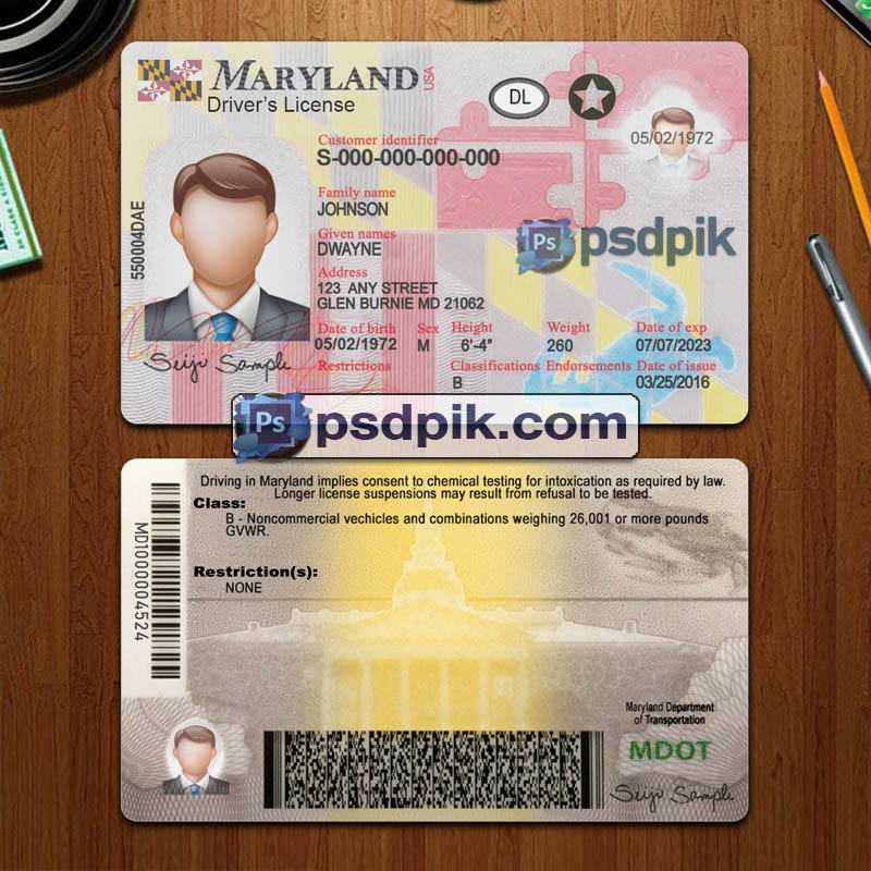 Editable blank Maryland driver license template psd pdf download