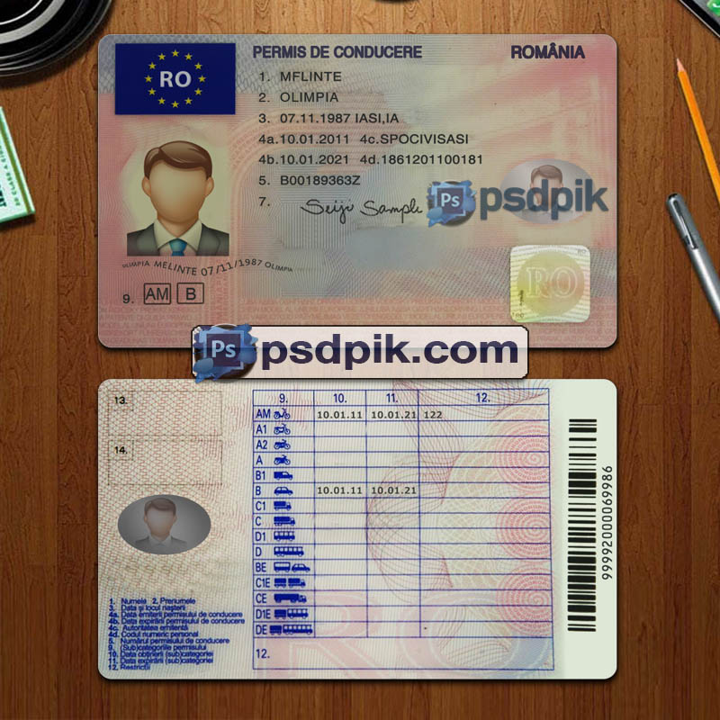 Editable blank Romania driver license template psd pdf download