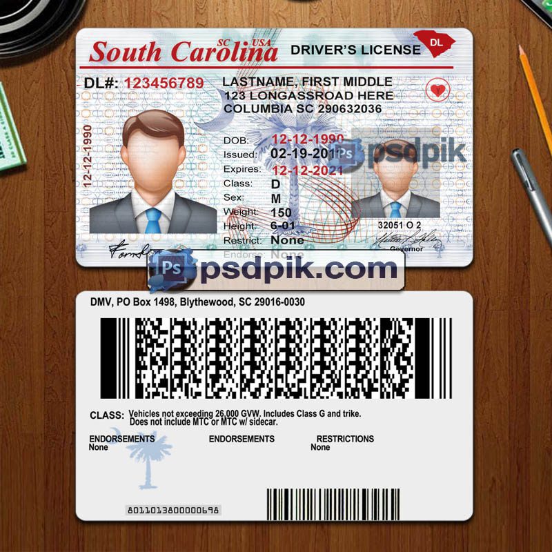 Editable blank South Carolina driver license template psd pdf download