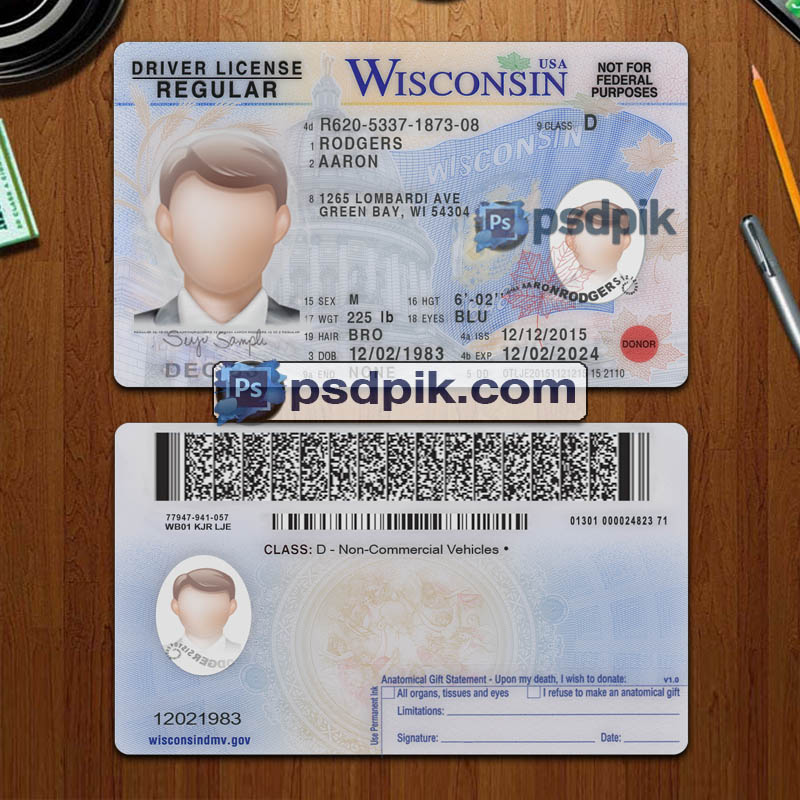 Editable blank Wisconsin driver license template psd pdf download