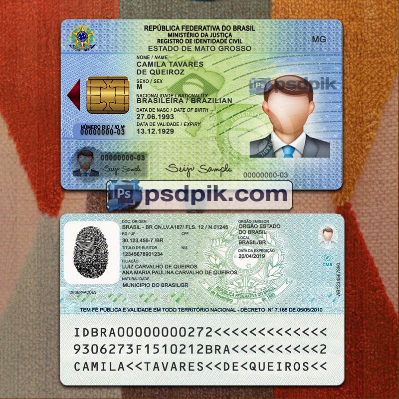 Editable blank Brazil Id Card template psd pdf download