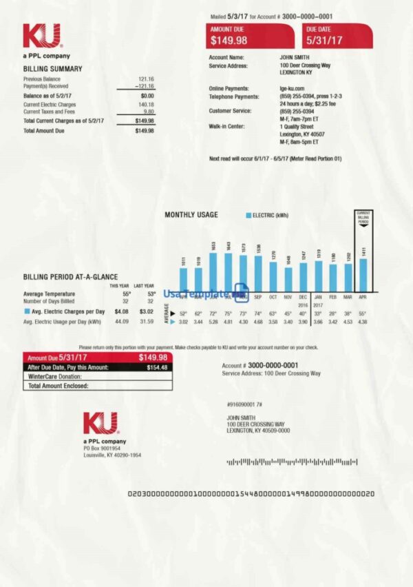 Kentucky Utility Bill psd Template: Kentucky Proof of address psd template