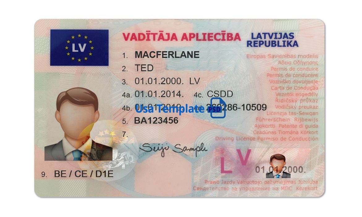 Editable blank Latvia driver license template psd pdf download