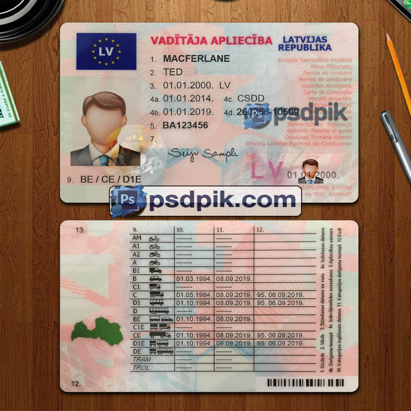 Editable blank Latvia driver license template psd pdf download