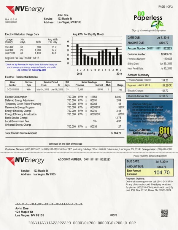 Nevada Utility Bill psd Template: Nevada Proof of address psd template