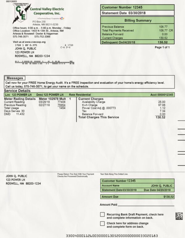 New Mexico Utility Bill psd Template: New Mexico Proof of address psd template