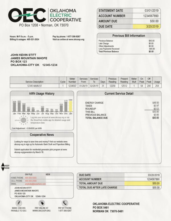 Oklahoma Utility Bill psd Template: Oklahoma Proof of address psd template