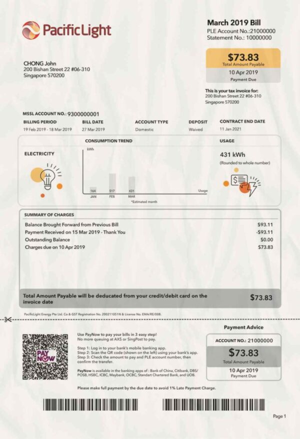 Singapore Utility Bill psd Template: Singapore Proof of address psd template