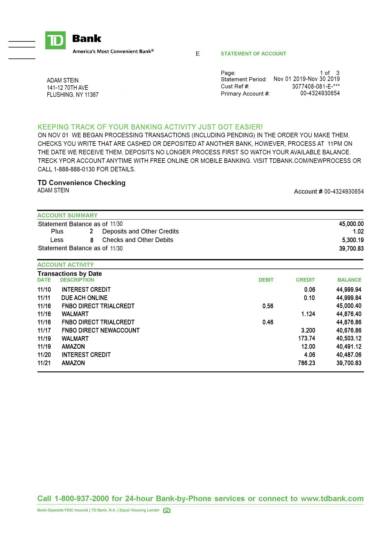 TD BANK Statement psd template