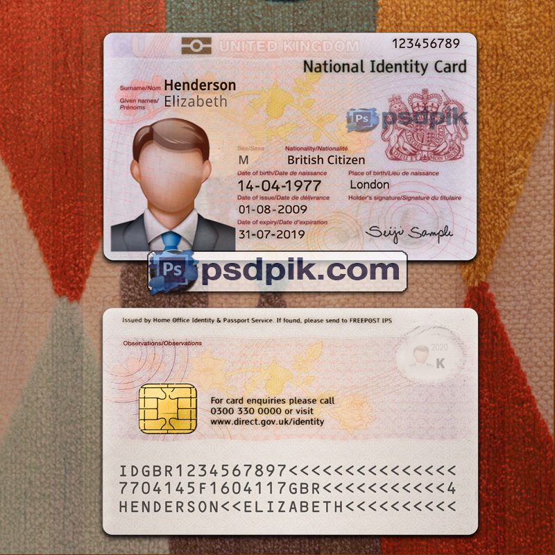 Editable blank UK Id Card template psd pdf download