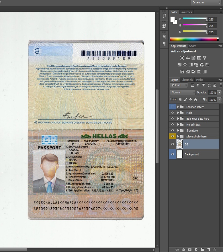 Editable blank Greece Passport template psd pdf download